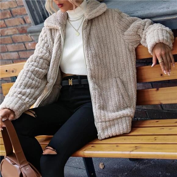 Women's Fleece Jacket Full Zip Long Sleeve Lapel Collar Sherpa Coat with Pockets - Picture 5 of 6